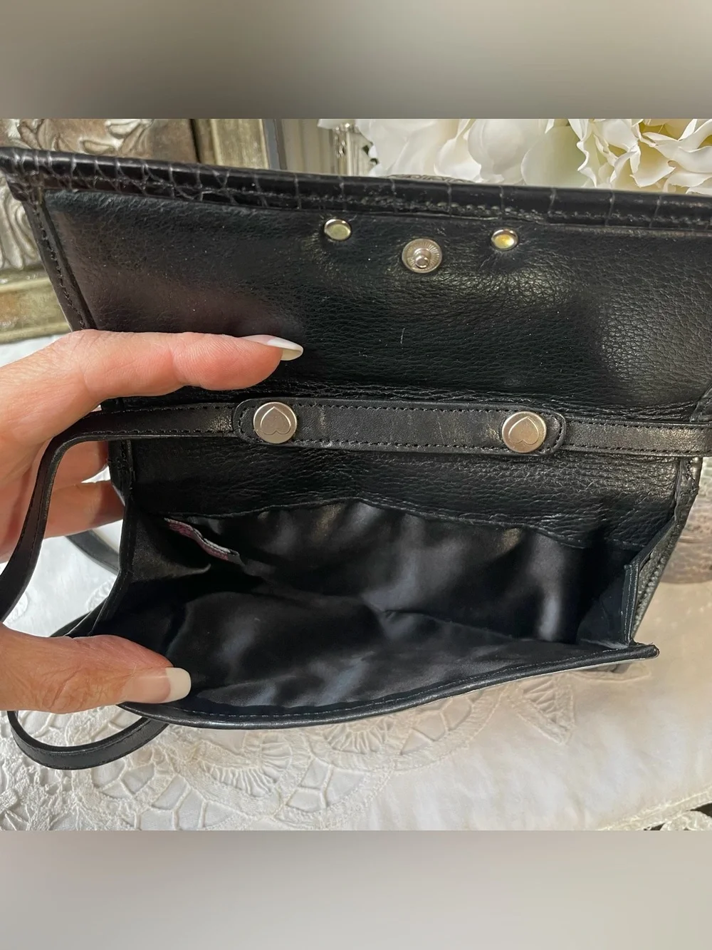 Brighton black leather woven crossbody wallet